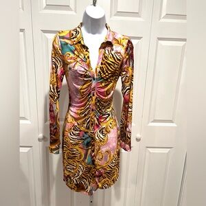Timing Multicolor Long Sleeve V Neck Buttoned Down Ruched Dress